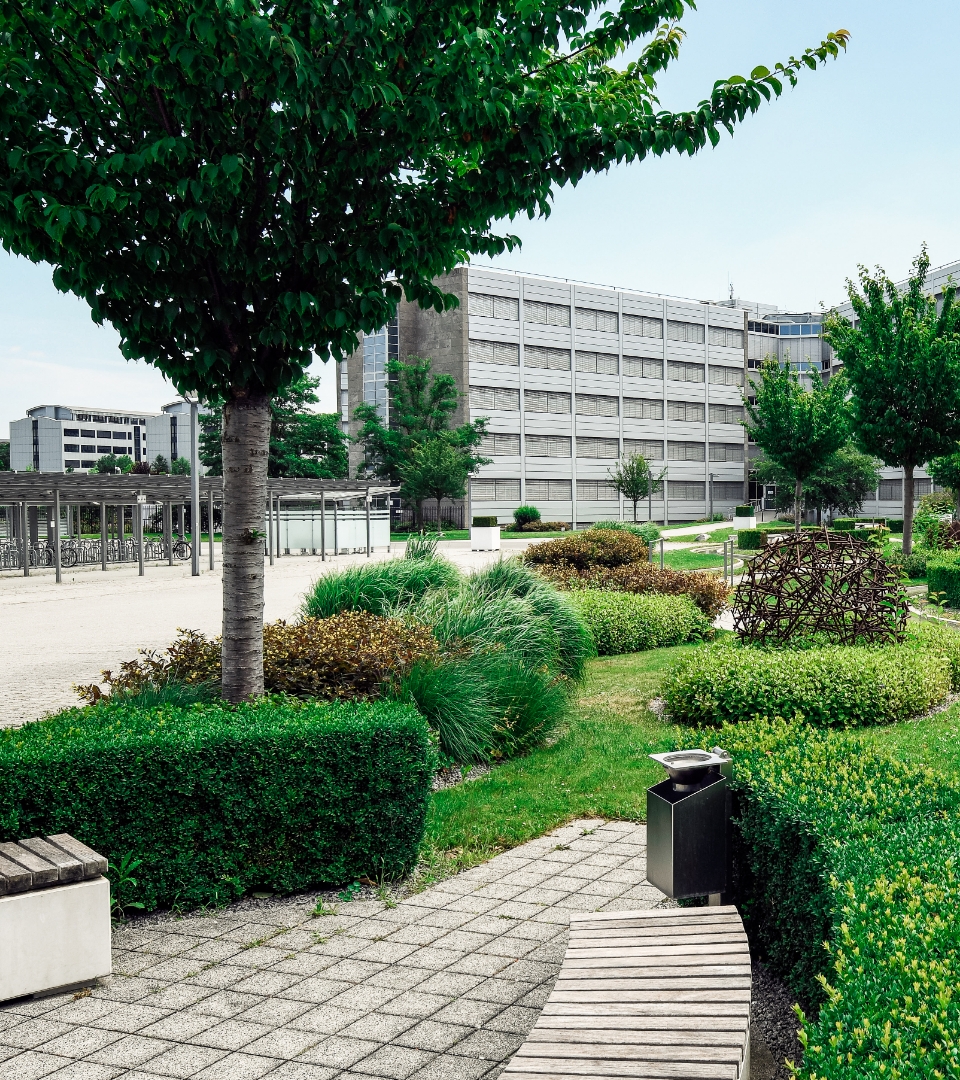 Blick auf die Grünanlagen der SAP in Wiesloch mit halbrunder Sitzgelegenheit aus Holz